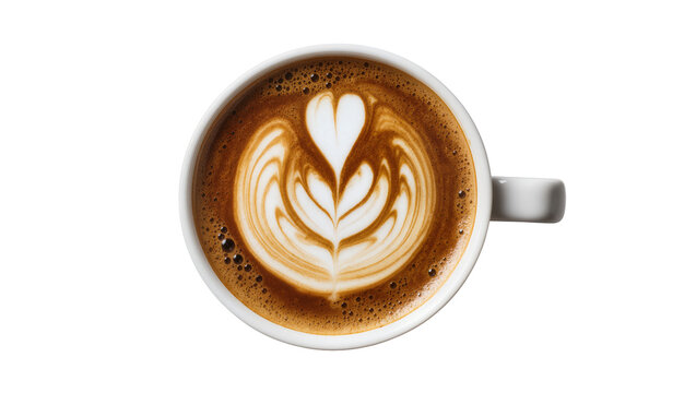 White cup of coffee with latte art heart and leaf pattern