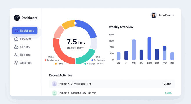 Time Tracking Dashboard: Digital UI design with charts and activity log