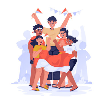 Group of Children Supporters Holding Red and White National Flag Vector Illustration