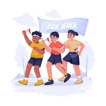 Children Participating in Fun Walk Event During Independence Day Celebration Vector Illustration