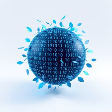 Blue sphere covered in binary code, surrounded by leaves. Represents digital nature, technology, growth, sustainability concepts.