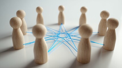 Obraz premium Wooden figurines connected by blue strings in a circle representing teamwork and social networking