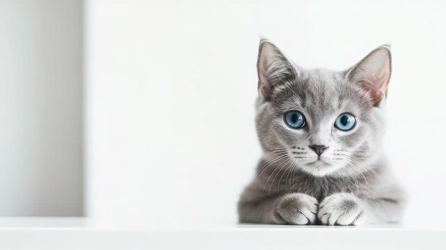 A cute gray kitten with striking blue eyes sits on a clean, white surface. Its paws are neatly placed, and it gazes directly at the camera with an inquisitive expression. The background is minimalist.