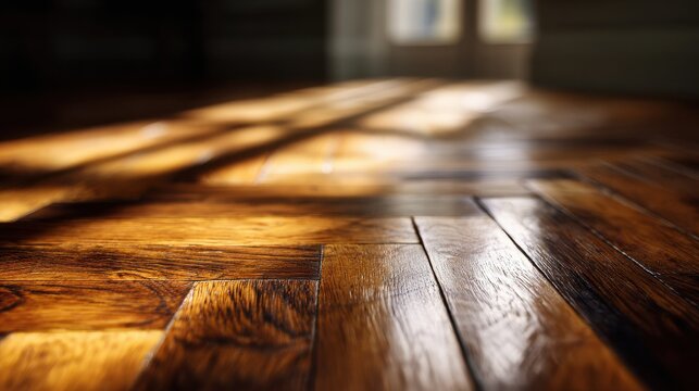 Close-up of polished herringbone wood parquet floor with golden sunlight streaming across it.