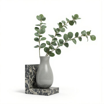 Bookend Greenery Holder Sparse eucalyptus (Eucalyptus) branches in a carved stone bookend vase, leaves rustling against rough granite, gravity pulling