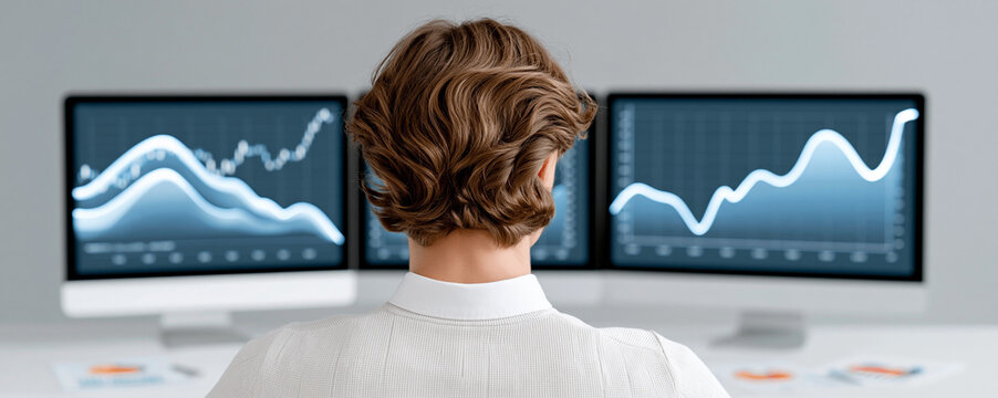 A documentary-style photograph capturing the essence of inflation's impact on investments, showing a financial analyst in deep thought with multiple screens displaying fluctuating stock prices, an