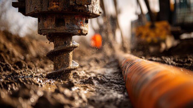 Industrial auger drill bit boring into wet muddy ground at construction site