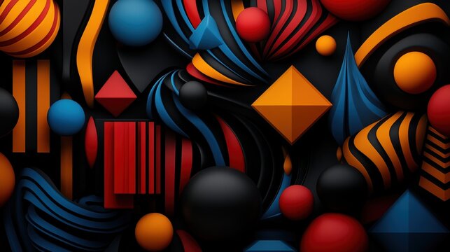 a vibrant and abstract 3D geometric design that showcases multiple shapes and colors. The center of the scene features a distinctive black background that serves as a backdrop for a complex arrangemen