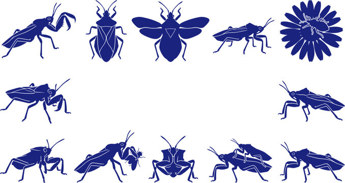 Blue assassin bug and mantis silhouette pack displaying various insect poses Collection