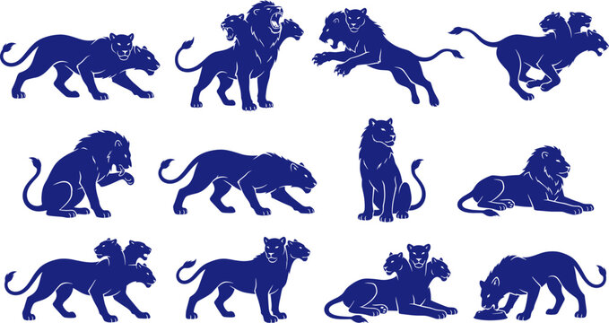 Blue chimera and multi headed lion monster silhouette bundle on white Collection