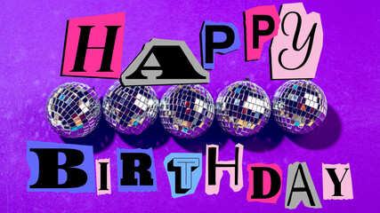 Obraz premium Celebration for birthday with colorful letters and shiny disco balls on purple background
