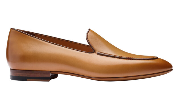 Brown leather loafer shoe with dark brown trim and stacked heel