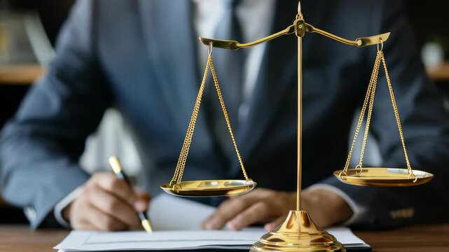 Scale of Justice with Professional at Work Symbolizing legal balance and decision-making, a scale of justice stands before a professional in a suit, highlighting the intersection of law and practice.
