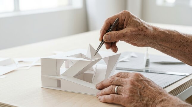 Elderly hands using tweezers to assemble a complex white architectural paper model. Creative hobby, mindfulness, art therapy, and cognitive stimulation.