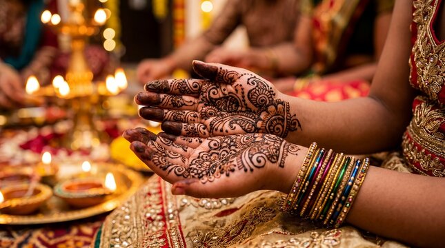 diwali henna hands indian girl mehndi festival pattern celebration tradition detailed closeup seasonal scene about fresh mehndi design on child hands and family festival celebration for beauty culture