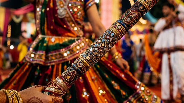 navratri dandiya stick garba wooden carved indian dance festival ornate festive cultural detail scene about decorated dance stick detail and festive folk performance tradition for cultural event