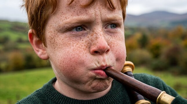 halloween irish boy freckles child face playful autumn festival portrait detailed closeup seasonal scene about dramatic child expression and playful seasonal folk celebration mood for family holiday