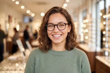 Obraz premium Happy young woman in glasses smiling broadly in an optical store