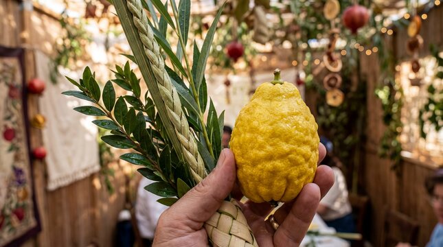 sukkot lulav etrog jewish bundle citrus palm festival ritual tradition festive cultural detail scene about ceremonial harvest bundle and Jewish holiday blessing symbol for religious education culture