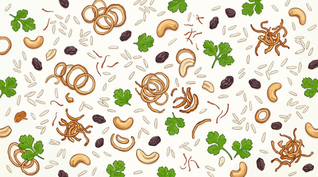 Food, snack, nut, seed pattern, vector background, pretzels, rice, cashews, clover, coffee beans