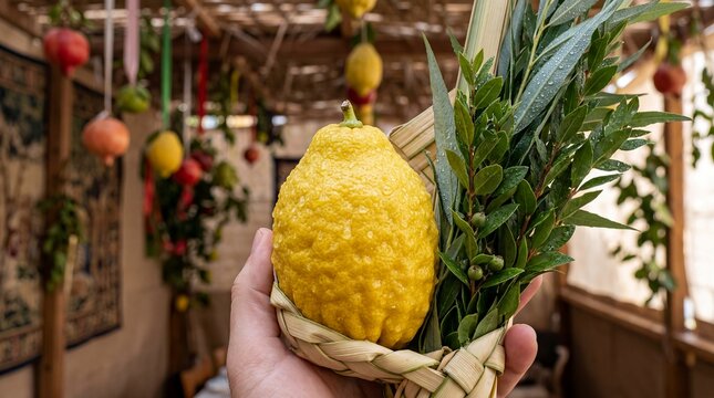 sukkot lulav etrog jewish bundle citrus palm festival ritual tradition detailed closeup seasonal scene about ceremonial harvest bundle and Jewish holiday blessing symbol for religious education
