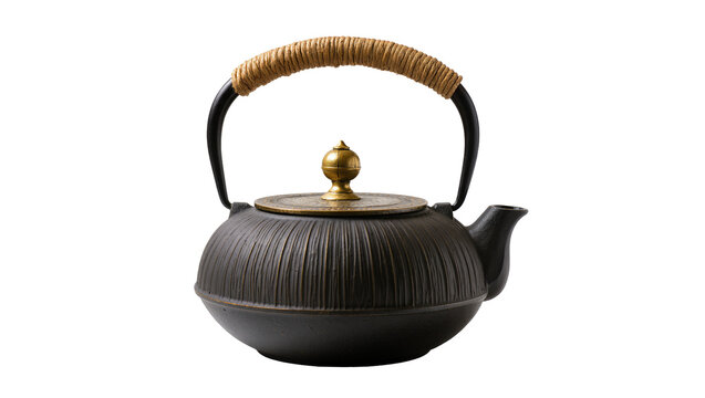 Cast iron teapot with woven handle and brass lid knob