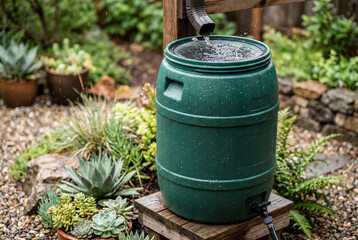 Obraz premium Green plastic rain barrel collecting water from downspout in garden