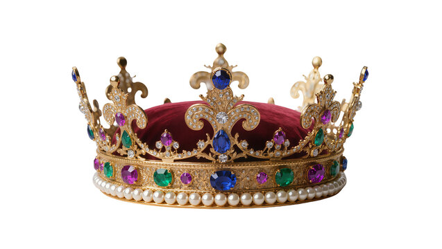 Ornate gold crown with red velvet and colorful gemstones