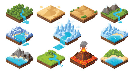 Fototapeta premium Isometric landscape tiles depicting various biomes such as forests, deserts, arctic regions, and volcanic areas for gaming.