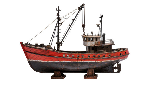 Red and black fishing trawler boat model with crane