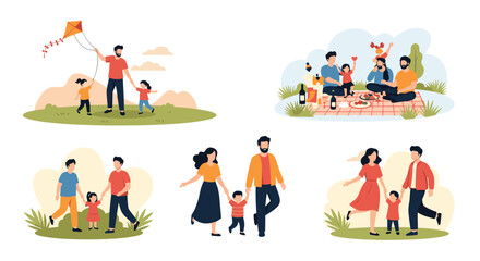 Fototapeta premium Collage of happy families spending quality time together outdoors, playing with kites and having picnics in the park.