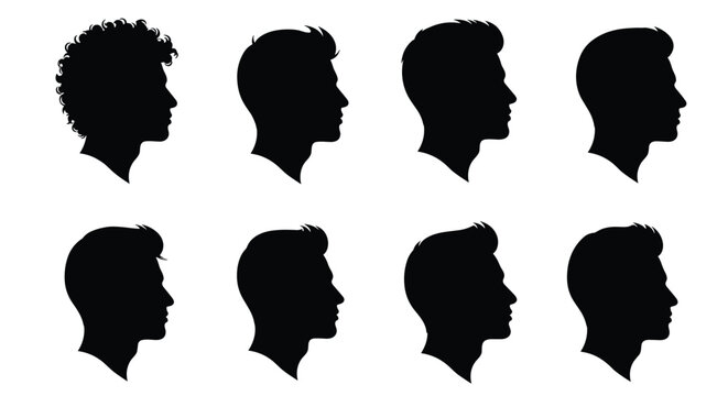 Set of black silhouettes showing different male head profiles with various hairstyles and facial structures on white.