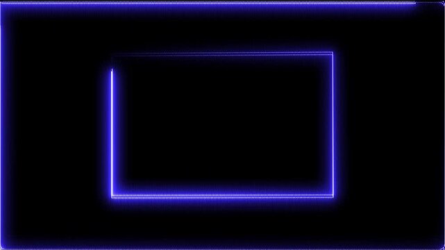 Abstract neon light rectangle frame with purple blue gradient background seamless looping animation. Square two tone moving laser lines glowing border overlay on isolated black background, 4K video