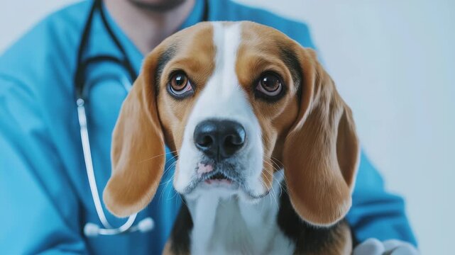 A focused shot reveals a beagle with floppy ears and pleading eyes, accompanied by a veterinarian's stethoscope in the backdrop, denoting a health examination and veterinary care.
