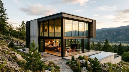 Fototapeta premium Modern Architecture Home Luxury Villa Modern Design Glass Walls Mountain View