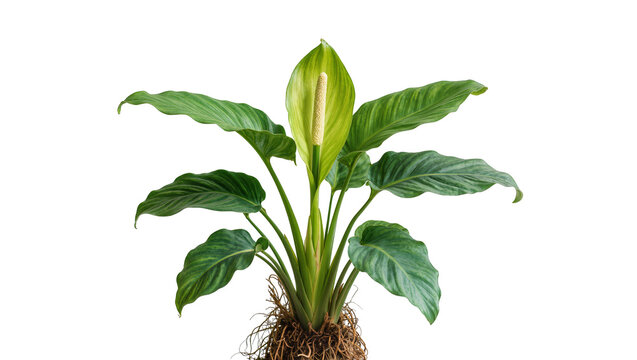 Spathiphyllum plant with green leaves and white flower spadix