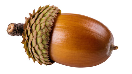 Brown acorn with green cap and woody stem © Solene