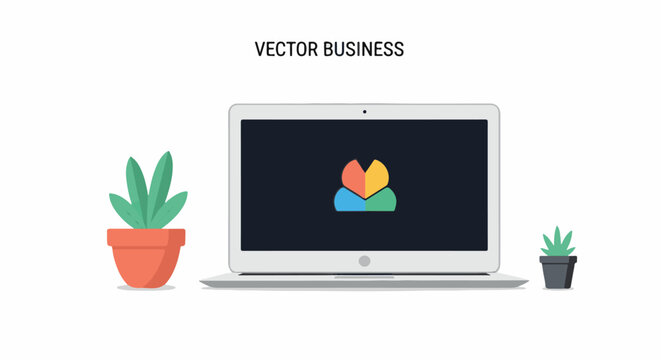 A laptop with a colorful logo on the screen flanked by two potted plants