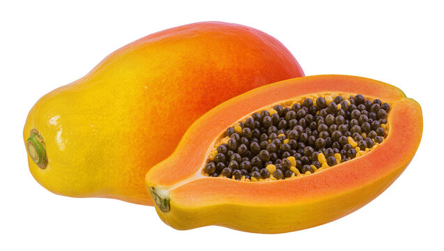 Whole and halved ripe papaya fruit with black seeds