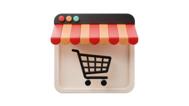 3D storefront with awning and shopping cart icon