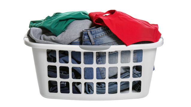 White plastic laundry basket filled with folded jeans and t-shirts