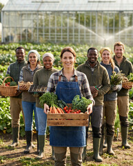 Obraz premium Diverse agricultural professionals standing together on organic farm, led by confident female farm manager holding fresh vegetables, with farmers and specialists in sustainable farming environment.