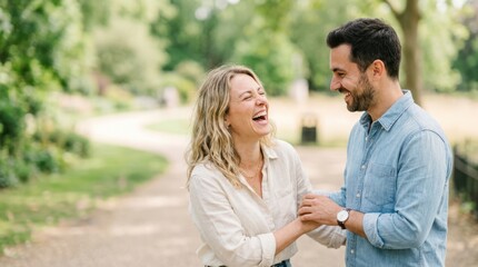 Fototapeta premium Two friends walking along a park path, laughing heartily together while one places a reassuring hand on the other's shoulder, showcasing deep support, empathy, and joy.