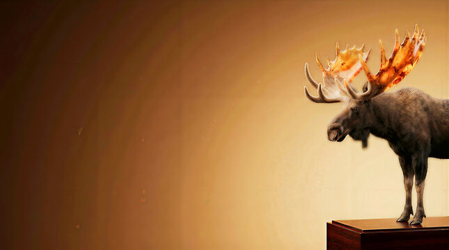 Surreal 3D amber antler moose hybrid on plinth with warm copy space