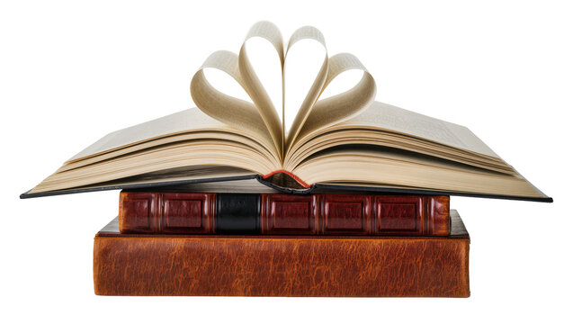 Open book with pages forming heart shape on stack of antique leather-bound books