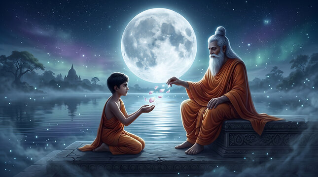 Young boy offering bright glowing flower petals to old master sitting near lake under night sky for guru purnima greeting and happy gurudev religious sharing
