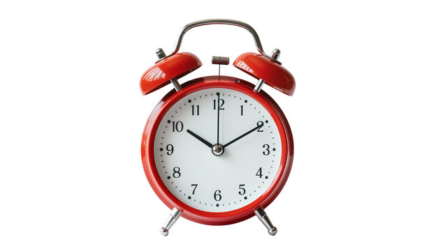 Red twin bell alarm clock with metal handle and feet