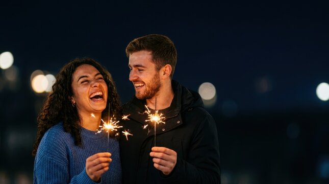Two companions laughing joyfully together at night while holding burning sparklers, expressing genuine celebration, bright happiness, and a strong personal bond.
