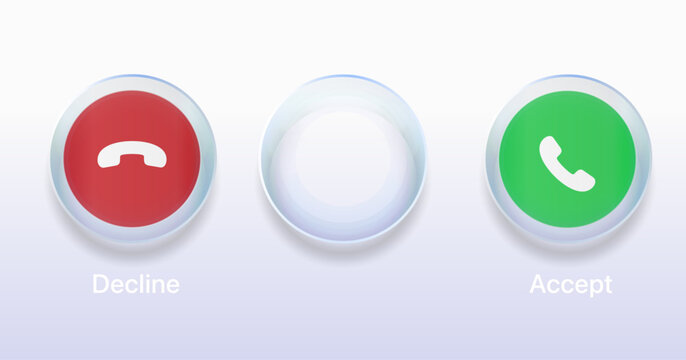 Glassmorphism calling UI element with answer and decline call buttons, rectangle and circle shapes in liquid glass style. Editable vector SVG design