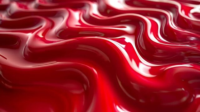 Glossy thick crimson liquid showcasing smooth wave patterns and bright reflections on a shiny red surface. Suitable for abstract backgrounds.